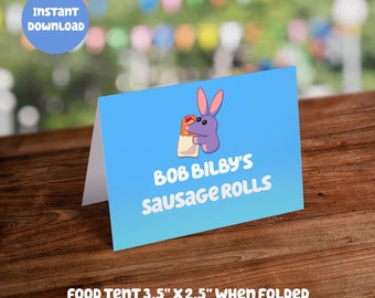 Blue Themed Food Tent Card - Bob Bilby's Sausage Rolls: Digital Download - DIY Printable Party Decoration for Kids Birthday
