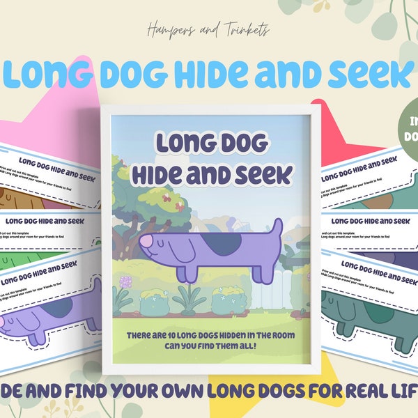 Blue-Themed Long Dog Hide & Seek Pack | Printable Party Game | Kids Interactive Search Activity | Digital Download | Bluey Party Fun