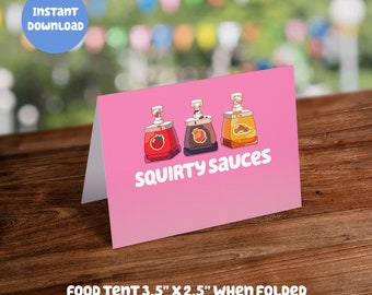 Blue Themed Pink Food Tent Card - Squirty Sauces: Digital Download - DIY Printable Party Decoration for Kids Birthday