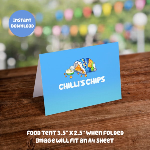 Blue Themed Food Tent Card - Chilli's Chips: Digital Download - DIY Printable Party Decoration for Kids Birthday