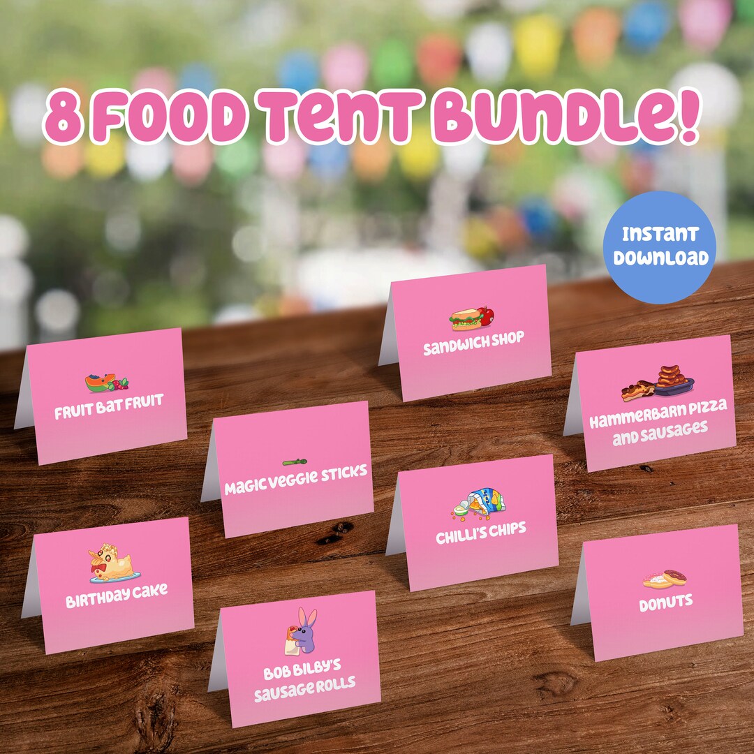 Blue Themed Food Pink Tent Cards: 8 Digital Downloads DIY Printable ...