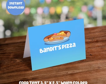 Blue Themed Food Tent Card - Bandit's Pizza: Digital Download - DIY Printable Party Decoration for Kids Birthday