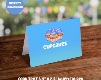 Blue Themed Food Tent Card - Cupcakes: Digital Download - DIY Printable Party Decoration for Kids Birthday