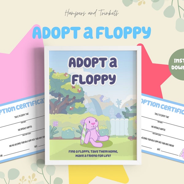 Adopt a Floppy Station Kit - Digital Downloads for Adoption Certificate & Sign | Blue Party Activity for Kids