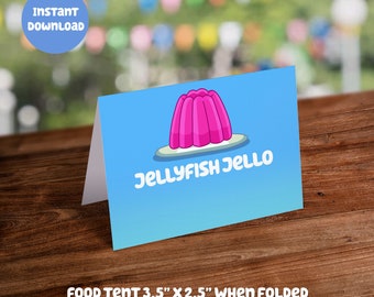 Blauwe thema voedseltentkaart - Kwallen Jello: Digitale download - DIY afdrukbare feestdecoratie voor kinderverjaardag