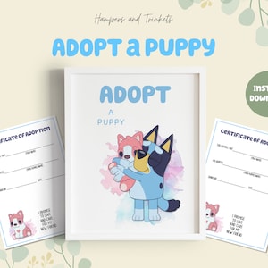 Adopt a Puppy Station Kit - Digital Downloads for Adoption Certificate & Sign - Blue Party Activity for Kids