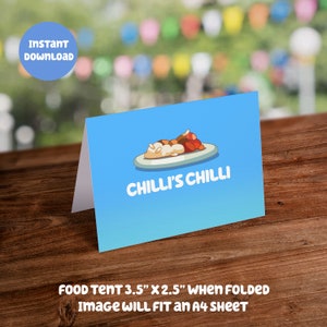 Blue Themed Food Tent Card - Chilli's Chili: Digital Download - DIY Printable Party Decoration for Kids Birthday