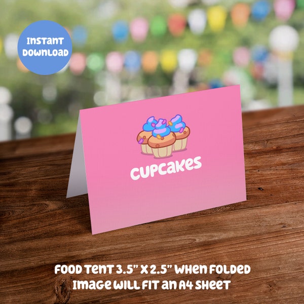 Blue Themed Pink Food Tent Card - Cupcakes: Digital Download - DIY Printable Party Decoration for Kids Birthday