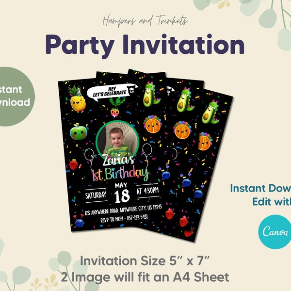 Hey Birthday Party Invitation | Dancing Fruit | 5x 7 | DIY Printable Birthday Party Decor | Kids Party Decoration | Children Birthday Party