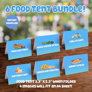 Blue Themed Food Label Tent Cards | 6 Digital Download bundle | DIY Printable Party Decorations for Bluey Birthday Party