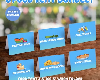 Blue Themed Food Label Tent Cards | 6 Digital Download bundle | DIY Printable Party Decorations for Bluey Birthday Party