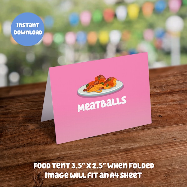 Blue Themed Pink Food Tent Card - Meatballs: Digital Download - DIY Printable Party Decoration for Kids Birthday