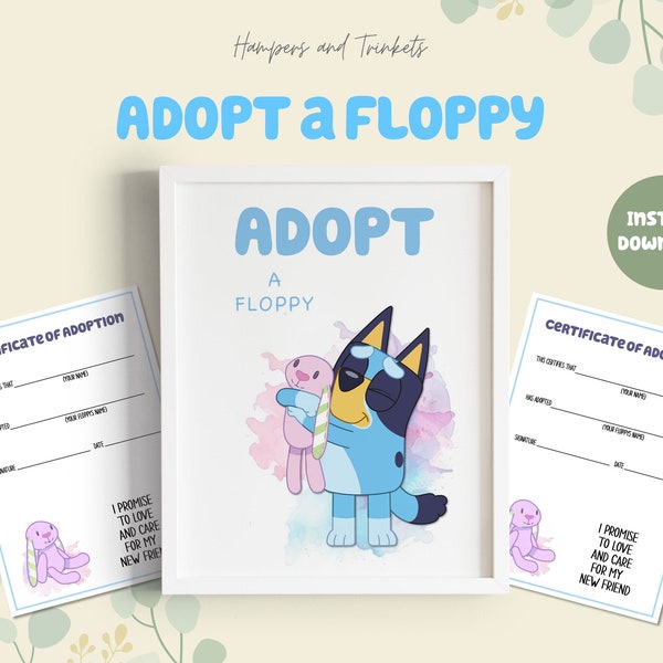 Adopt a Floppy Station Kit - Digital Downloads for Adoption Certificate & Sign - Blue Party Activity for Kids