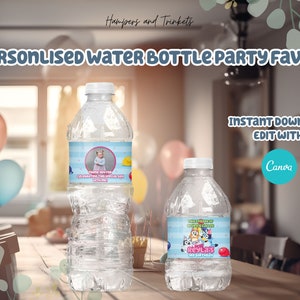 Blue Water Bottle Party Favor | 2 Water Bottle Label 8oz & 16oz (200ml and 500ml) | Personalized Canva Template | Birthday Party Favor