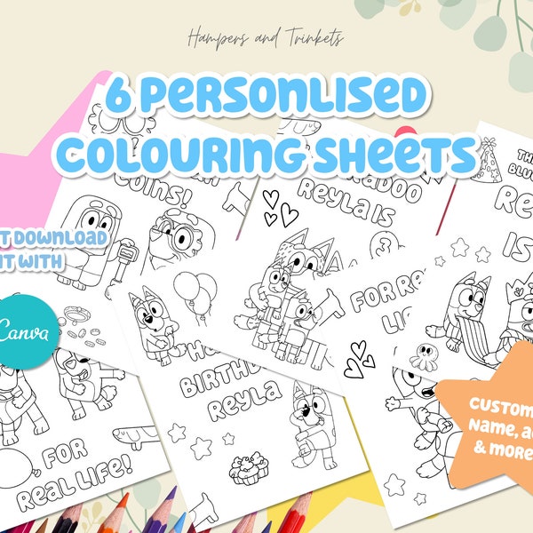 6 Personalized Blue Coloring Sheet | Coloring pages | Customizable Canva Template | Kids Birthday | 4 Real Life | Blue Dog Party Favor