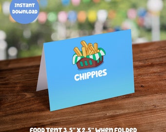 Voedseltentkaart met blauw thema - Chippies: digitale download - DIY afdrukbare feestdecoratie voor kinderverjaardag