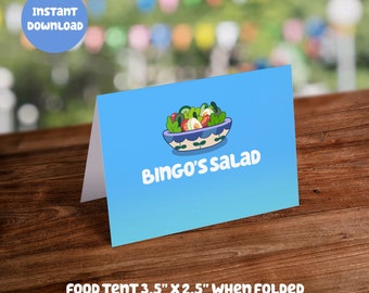 Blue Themed Food Tent Card - Bingo's Salad: Digital Download - DIY Printable Party Decoration for Kids Birthday