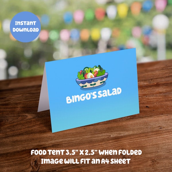 Blue Themed Food Tent Card - Bingo's Salad: Digital Download - DIY Printable Party Decoration for Kids Birthday