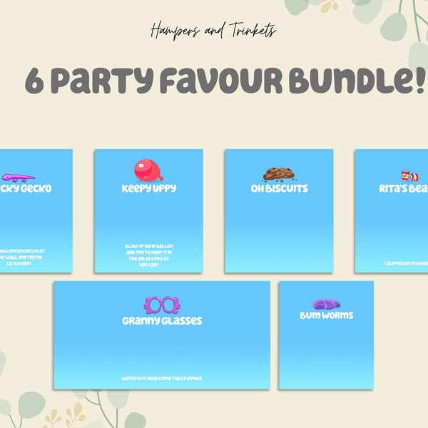 6 Blue Party Favor Bundle | Blue Dog | Granny Glasses | Sticky Gecko | Keep uppy | Oh biscuits | Rita's Beans | Bum Worms | Kids Party