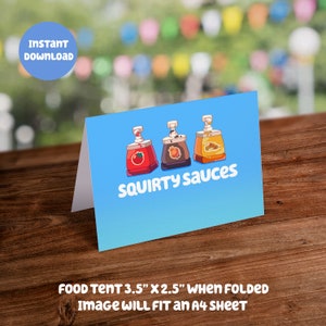 Blue Themed Food Tent Card - Squirty Sauces: Digital Download - DIY Printable Party Decoration for Kids Birthday