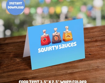 Blue Themed Food Tent Card - Squirty Sauces: Digital Download - DIY Printable Party Decoration for Kids Birthday