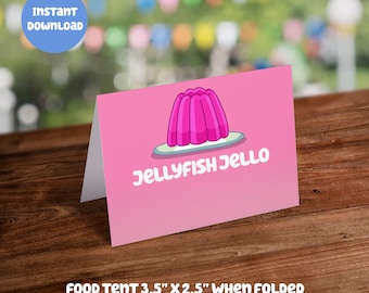 Blauw thema roze voedseltentkaart - Kwallen Jello: Digitale download - DIY afdrukbare feestdecoratie voor kinderverjaardag