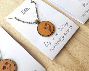 Engraved Leather May Birth Flower Necklace: Lily of the Valley Pendant