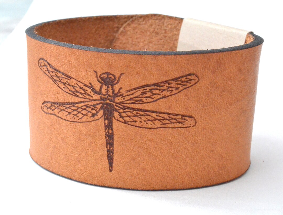 Dragonfly Leather Cuff Insect Engraved Cuff Full Grain Etsy