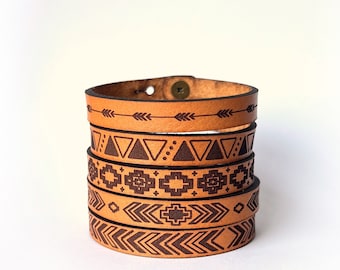 Engraved Full Grain Leather Bracelet: Western Boho Design