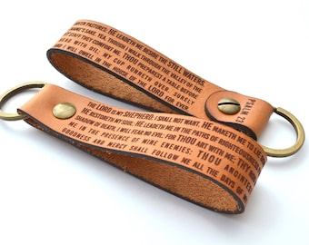 Psalms 23 Keychain - Christian Gift Engraved Leather Keychain - Gift for Him or Her - Bible Verse Keychain - Religious Gift