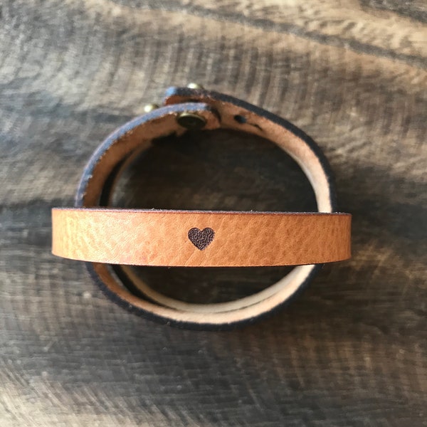 Thin Leather Bracelet - Heart Bracelet - Stud Adjustable Full Grain Leather - Personalized Engraved Bracelet  Customizable Bracelet