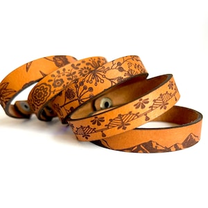 Engraved Leather Cuff Bracelet: Full Grain Boho Snap Bracelet