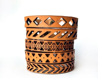 Laser Cut Real Leather Cuff Bracelet: Western Boho
