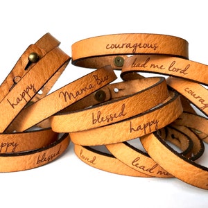 Personalized Real Leather Bracelet - Stud Adjustable Full Grain Leather - Boho - Personalized Engraved Bracelet  Encouraging Gift
