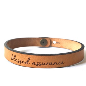 Blessed assurance bracelet - Real Leather Bracelet - Stud Adjustable Full Grain Leather - Engraved Bracelet Encouraging Gift - Your Words