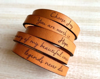 Personalized Thin Leather Bracelet Hidden Message Stud Adjustable