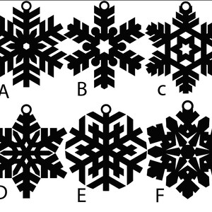 May include: Six black snowflake ornaments, each with a unique design. The ornaments are labeled A through F. Each snowflake has a small loop at the top for hanging. The designs vary in their intricate patterns and shapes, perfect for winter decor.