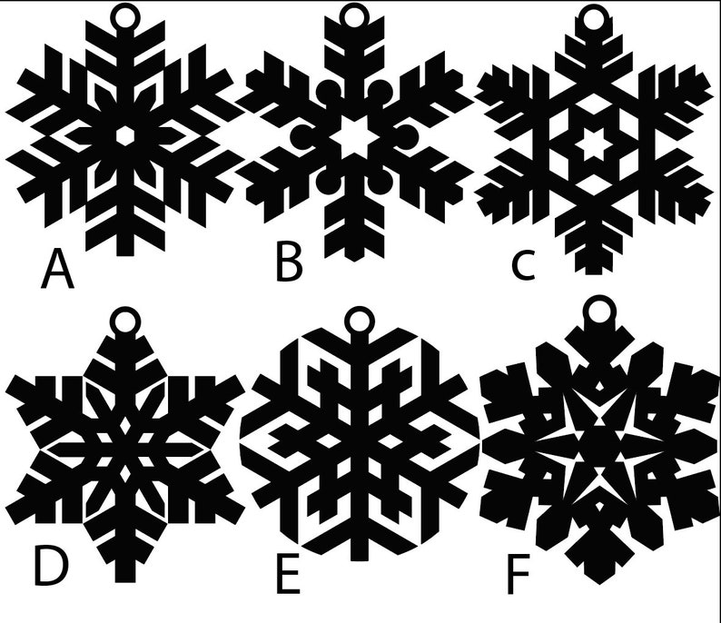 May include: Six black snowflake ornaments, each with a unique design. The ornaments are labeled A through F. Each snowflake has a small loop at the top for hanging. The designs vary in their intricate patterns and shapes, perfect for winter decor.