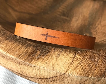Engraved Cross Leather Bracelet: Adjustable Full Grain, Religious Gift, Real Leather