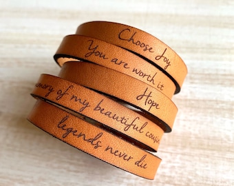 Your Words Thin Leather Bracelet - Adjustable Full Grain Leather - Custom Engraved Bracelet - Message Bracelet - Personalized Gift Him Her