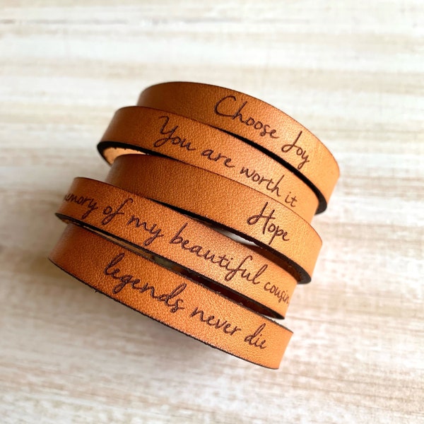 Your Words Thin Leather Bracelet - Adjustable Full Grain Leather - Custom Engraved Bracelet - Message Bracelet - Personalized Gift Him Her
