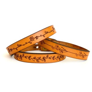 Real Leather Bracelet - Floral- Mountain Full Grain Leather - Custom Engraved Bracelet - Message Bracelet - Personalized Gift Him Her