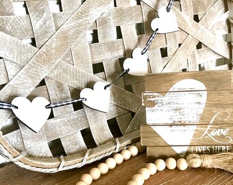 Tiered Tray Heart Garland - White Heart Garland - Tiered Tray Decor - Farmhouse Decor - Buffalo Checkered Ribbon - Wood Cut Hearts