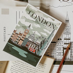 Postal de Londres / Postal de viaje / Arte de Londres / Impresión de pared de Londres / Impresión de ilustración / Arte de pared de viaje / Big Ben / Brolly Weather