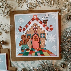 Tarjeta de Navidad / Casa del Hombre de Jengibre / Tarjeta de Feliz Navidad / Tarjeta de Felices Fiestas / Interior en blanco / Mensaje personalizado / Navidad / Clima de paraguas