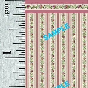 Quarter Scale, Half Scale and 1:144 Scale Miniature Rose Stripe Dollhouse Wallpaper (7A)