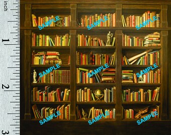 May include: A dark wood bookcase with five shelves filled with books. The shelves are full of books of various sizes and colors. There are also a few decorative items on the shelves, including a globe, a statue, and a vase.