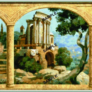 May include: A vintage-style wallpaper border with a repeating pattern of three arched windows. Each window features a different scene of a lush green landscape with a stone building and trees. The wallpaper border is in shades of brown, green, and blue.