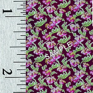 May include: A repeating pattern of pink and yellow flowers with green leaves on a dark red background. The pattern is a vintage style floral design.