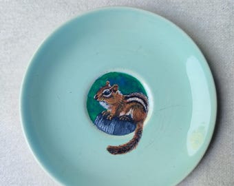 Original Miniature Chipmunk Painting 2" on Pastel Green Vintage Saucer 6" OOAK